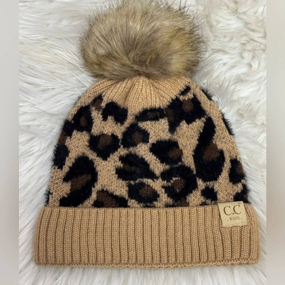 C.C Exclusives Soft Beanie Hat with Leopard Print Pattern and Faux Fur Pom